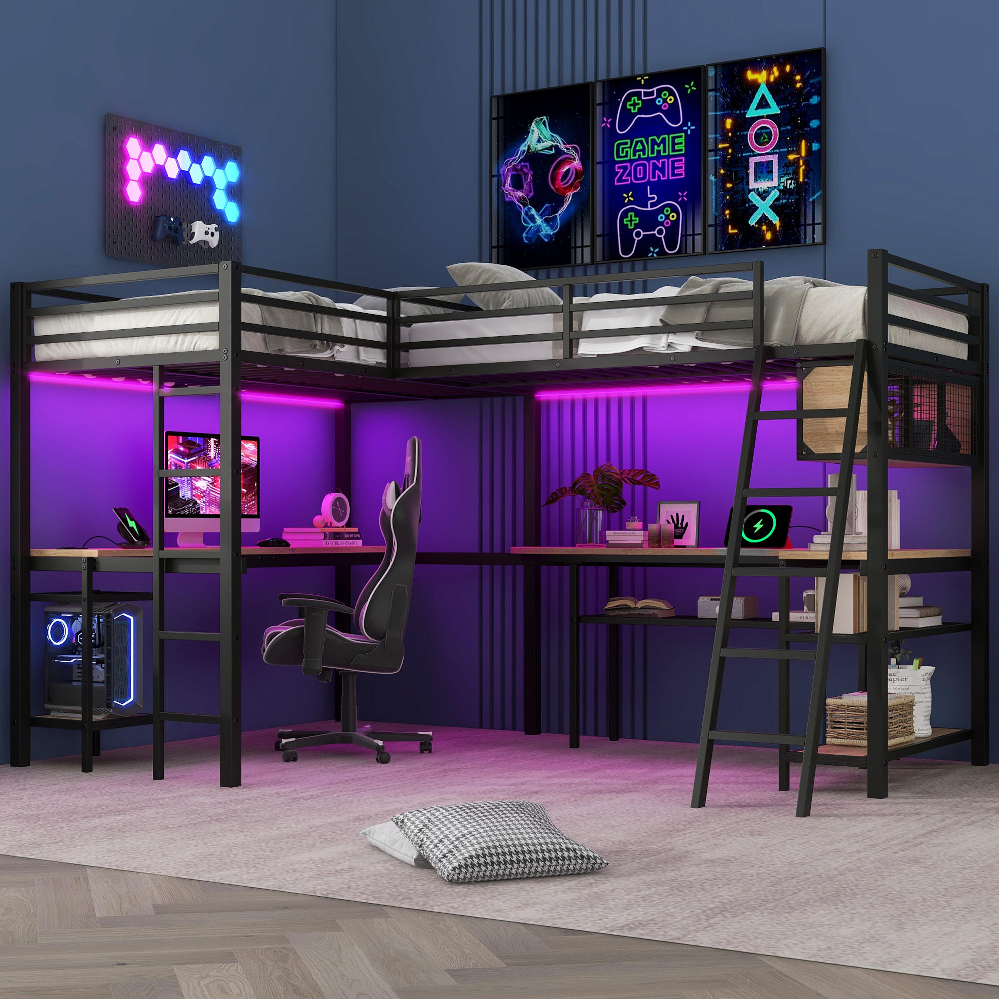 Euroco Twin L-Shaped Metal Loft Bed with Built-in Study Desk and Shelves, Gaming Bed with LED Light and USB Charging, Black