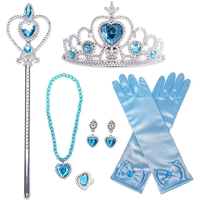 Accesorios de vestir de princesa, pendientes/collar Cosplay Carnaval Accesorios de vestir de princesa Tiara para niñas Collar mágico Pendientes Anillo Guantes para azul JM