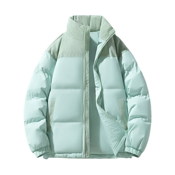 MELDVDIB Mens Quilted Puffer Jacket Zip-Up Thickened Winter Long Sleeve Stand Collar Coat Color Block Padded Outwear Tops with Pocket