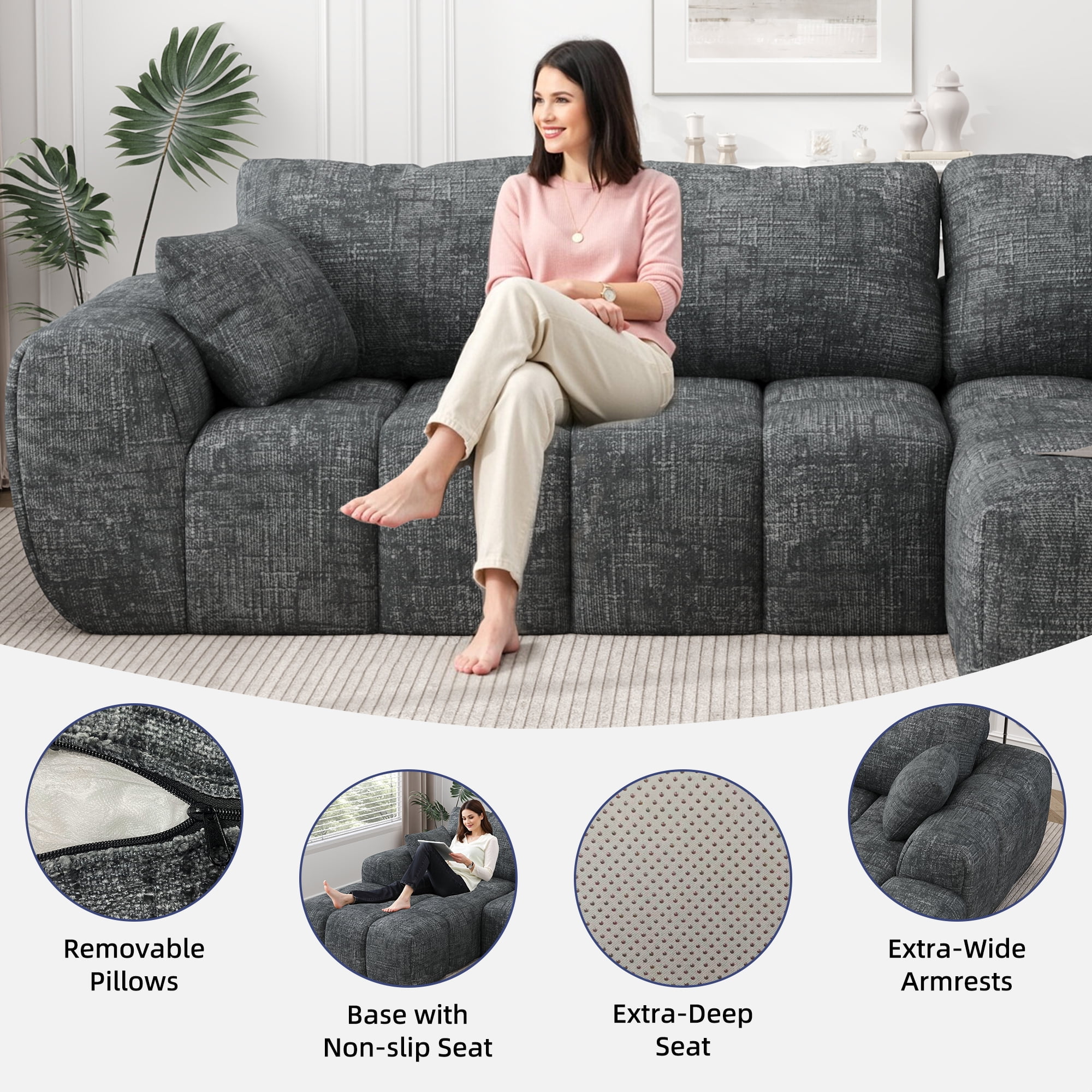 IDEALSOUL Sectional Sofa, 101" L-Shaped Modular Cloud Couch,Unique Chenille Fabric Couches and Sofas,Compression Sofa No Assembly Required(Deep Gray)