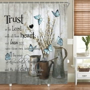 Rustic Farmhouse Shower Curtain, Blue Teal Butterfly Cotton Flower Inspirational Quotes Shabby Chic Country Shower Curtain for Bathroom, Bible Verse Scripture Quotes Shower Curtain with Hooks, 60X70IN
