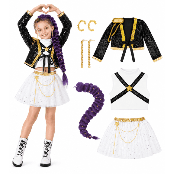 G'irl's Popular Singer Cosplay Set, Deluxe Pop Idol Group Outfit with Jacket, Skirt, Wig & Accessories for Halloween Costume, Ages 3-12