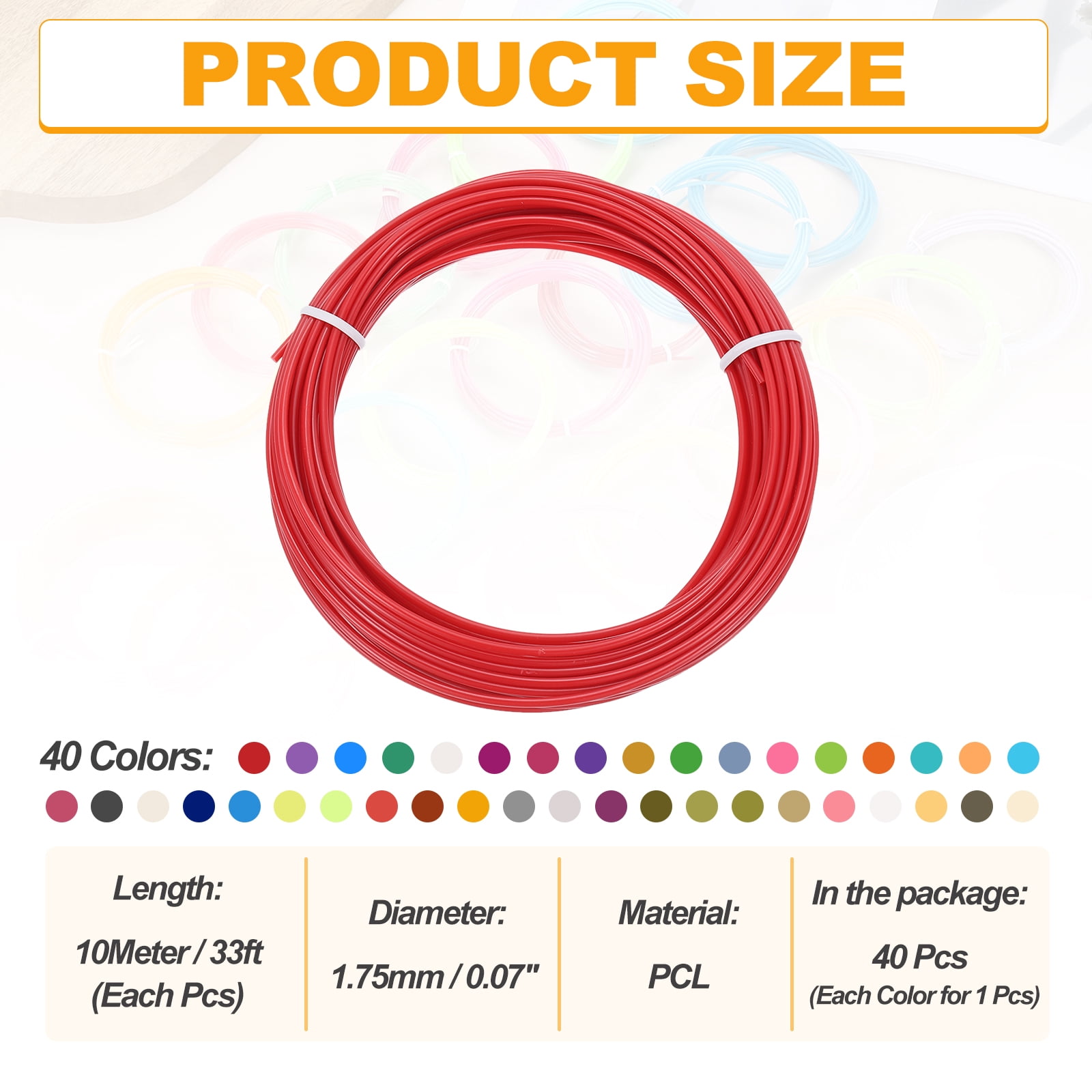 Uxcell 40 Colors 3D Pen Filament, 1.75mm Each 33FT, Total 1320FT PCL Filament Refills Low Printing Temperature for 3D Drawing Pens