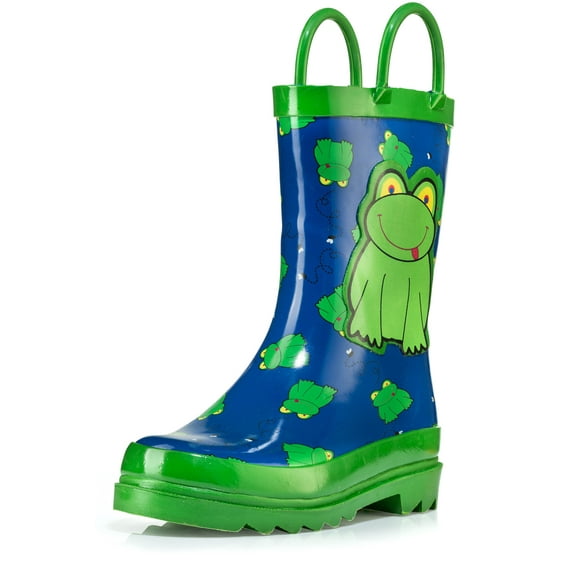 Puddle Play Waterproof Toddler and Little Kids Yellow Frog Rubber Rain Boots With Easy-On Handles - Size 7 Toddler