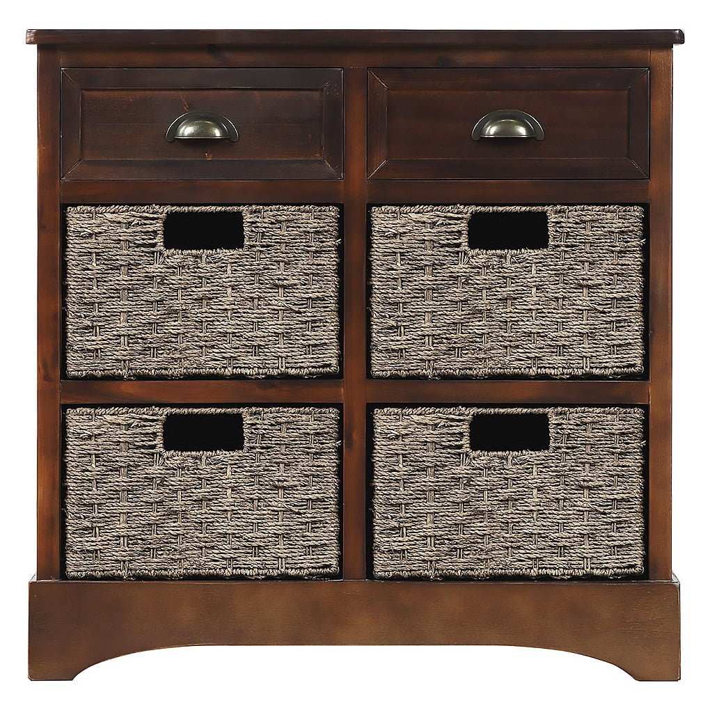 Home Farmhouse Style Nightstand with 2 Drawers and 4 Classic Wicker