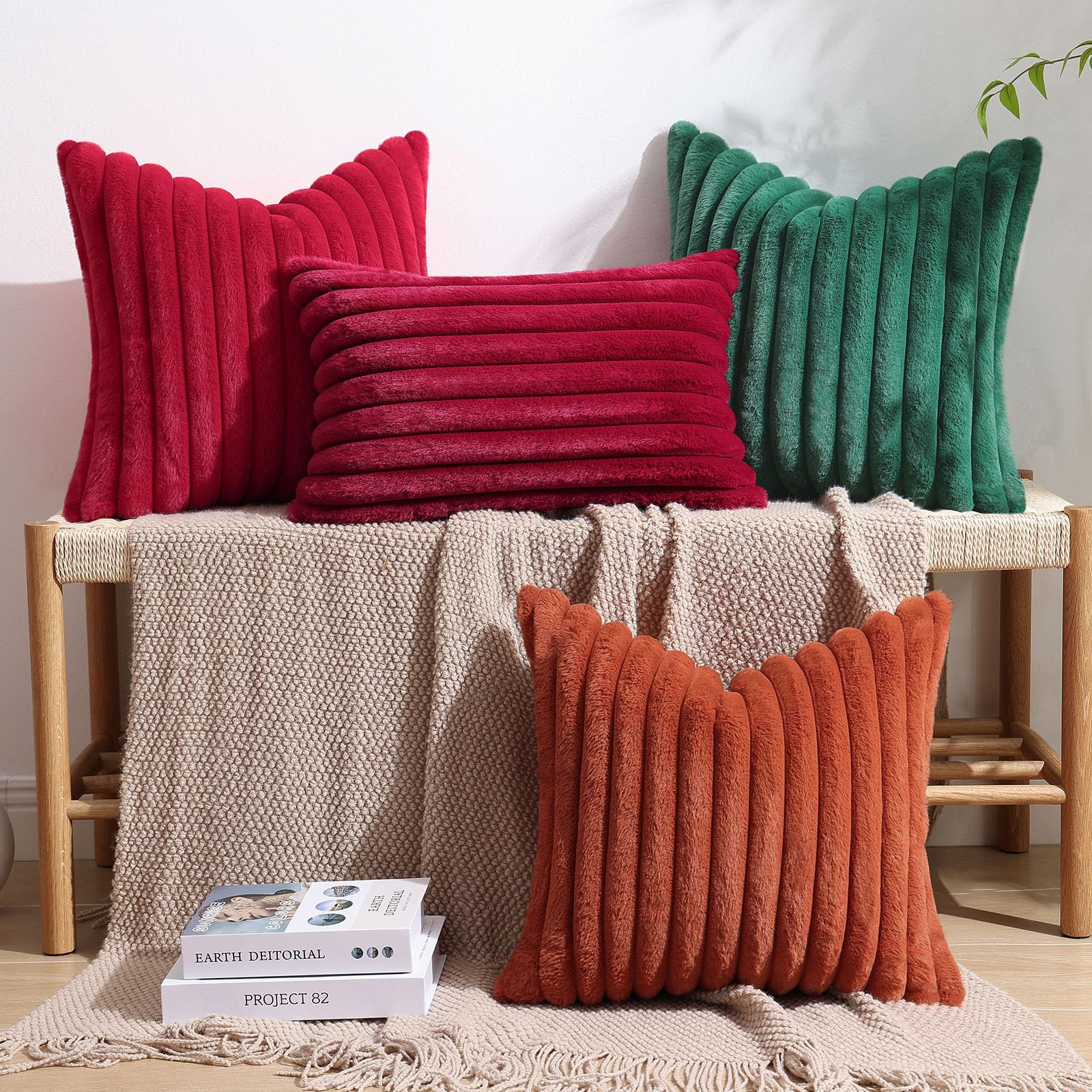 decorUhome Faux Fur Striped Throw Pillow Covers, 18x18, Green photo 8
