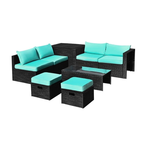 Canddidliike Patio Furniture Sets, 8 Pieces Patio Rattan Storage Table Furniture Set-Turquoise, Wicker Sofa Small Patio Conversation Couch for Garden, Poolside