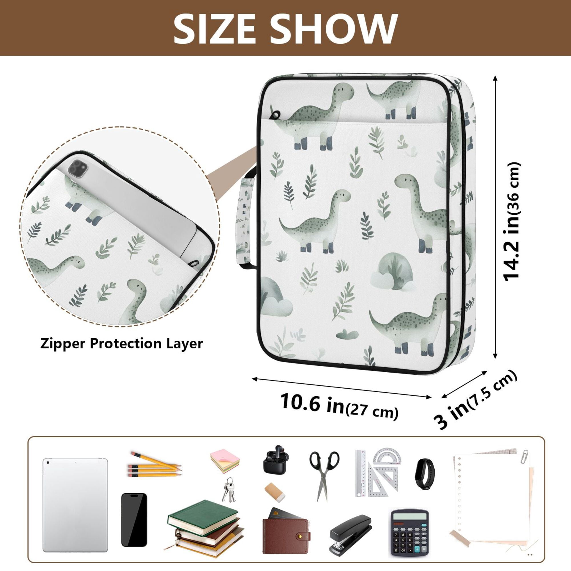 FORMRS Accordion File Folder A4 Size 7-Pocket Expanding Document Organizer Bag with 3 Ring Binder, Green Dinosaur Pattern