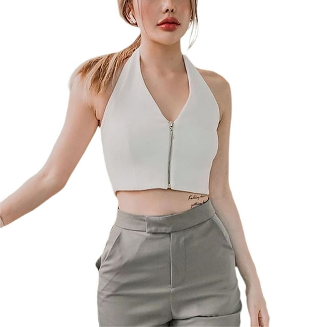 TheFound Débardeur Sans Manches pour Femmes Col en V Profond Fermeture Éclair Camisole