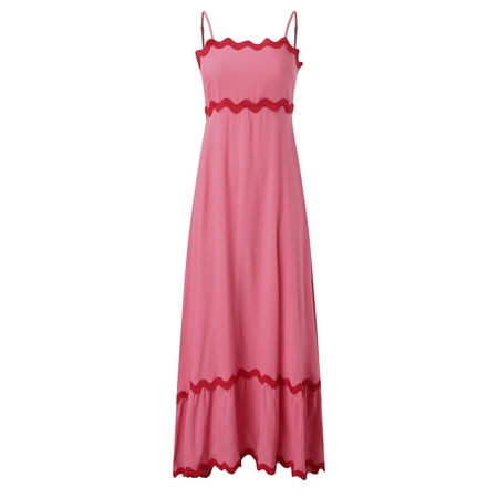 QYZEU Dress for Women Women Fashion Sleeveless Dress Loose Sexy A Line Dress Beach Long Maxi Dresses Vintage Patchwork Puffy Swing Party Dress Hot Pink L