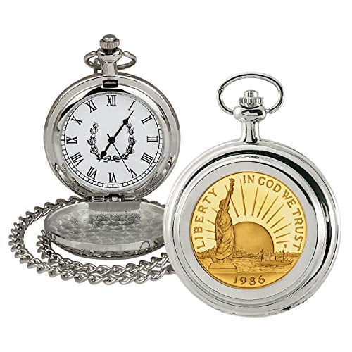 Coin Montre de Poche avec Mouvement à Quartz Or en Couches Statue de la Liberté Commémorative Demi-Dollar Authentique Américain Coin Balayage d'Occasion, Chiffres Romains Certificat d'Authenticité