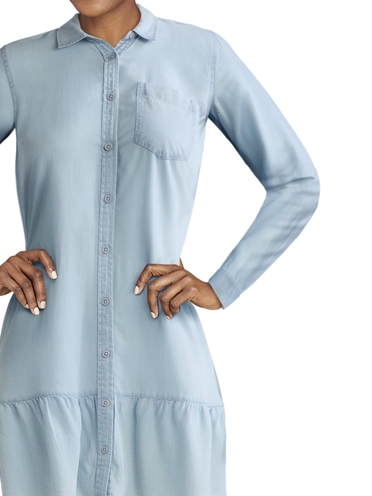 Time and Tru Women's and Women’s Plus Tiered Mini Shirtdress with Long Sleeves, Sizes XS-3XL