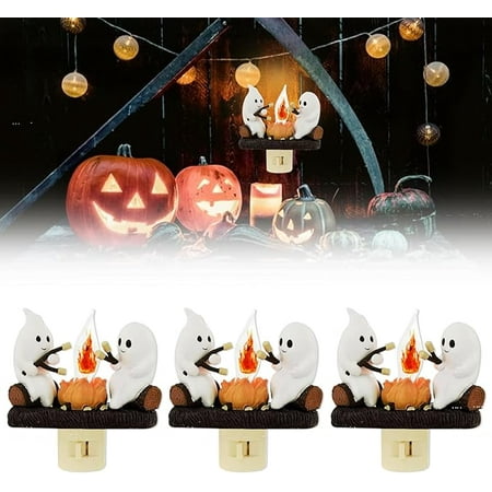 

2024 Ghost Campfire Flickering Nightlight: 2 Ghost Roasting S mores At Campfire 3D Spooky Fire Marshmallow Night Light - LED Faux Campfire Lamp Plug into Wall Funny Halloween Gifts(3 PCS)