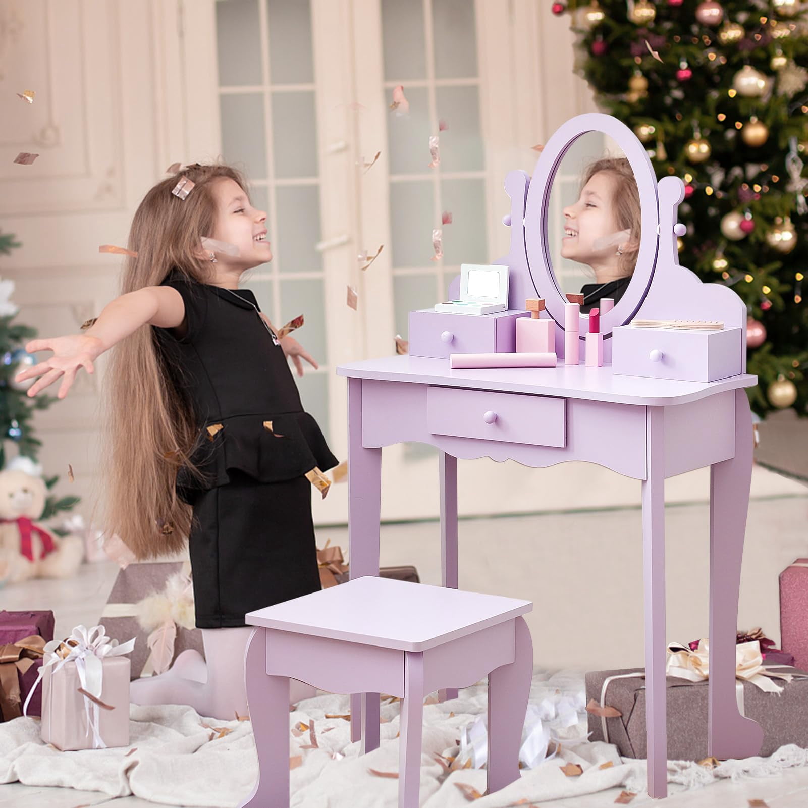 Princess Vanity Set for Little Girls – Complete Makeup Dressing Table & Stool Playset Perfect Pretend Play Station for Ages 3-9