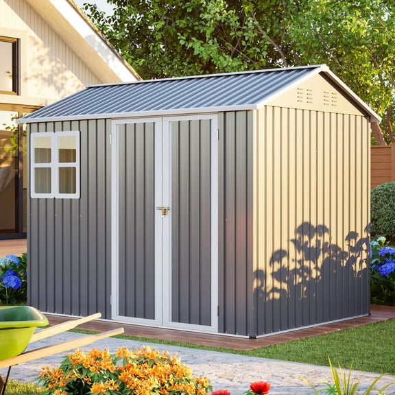 8' x 6' Large Metal Storage Shed with Double Lockable Doors, Heavy Duty Outdoor Garden Tool House with Air Vents, Waterproof Steel Utility Building for Backyard & Patio, 2 Boxes, Grey