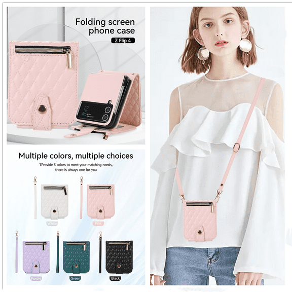 For Samsung Galaxy Z Flip 4 5G Luxury Leather Zipper Card Wallet Case Cover With Crossbody Strap