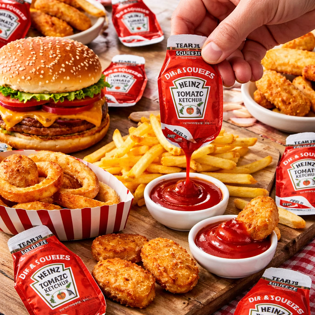 Heinz Tomato Ketchup Dip & Squeeze Packets – 0.95 oz Each (Pack of 20) – Peel to Dip or Tear to Squeeze, Single-Serve Condiment