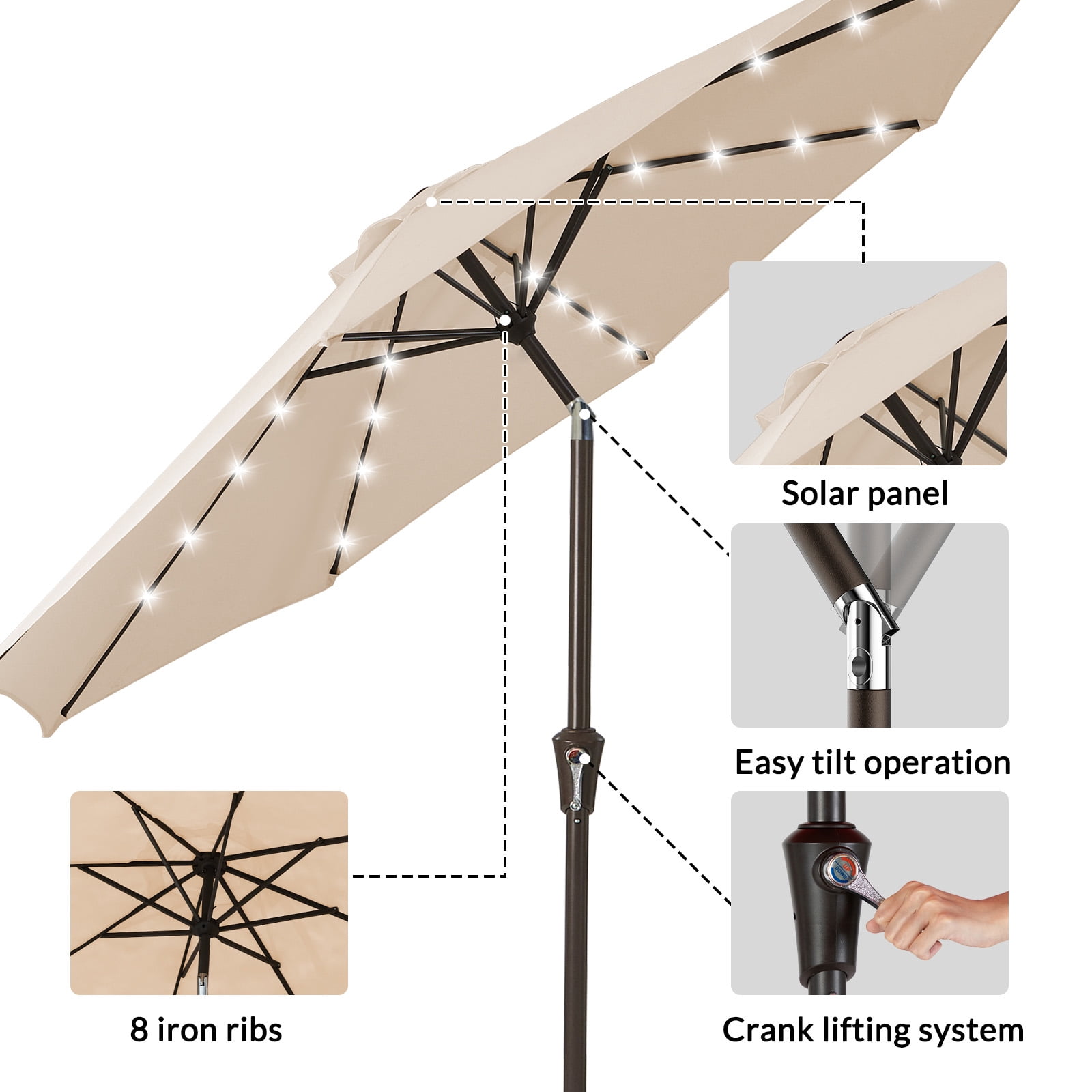 FUNDAZE 9FT Solar 32 LED Patio Umbrella w/ Tilt & Crank, 8 Sturdy Ribs, UV Protection Solution-Dyed Fabric, for Garden, Backyard, Deck & Patio, Beige