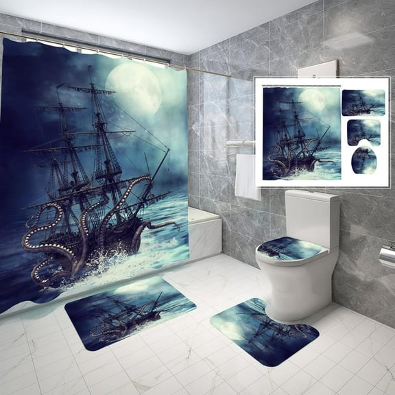 Pirate Bathroom Sets with Shower Curtain set and Rugs and Accessories for Men Restroom Decoration Pirate Ship and Ocean Animals in The Sea Shower Curtains and Toilet Seat Cover Floor Rugs