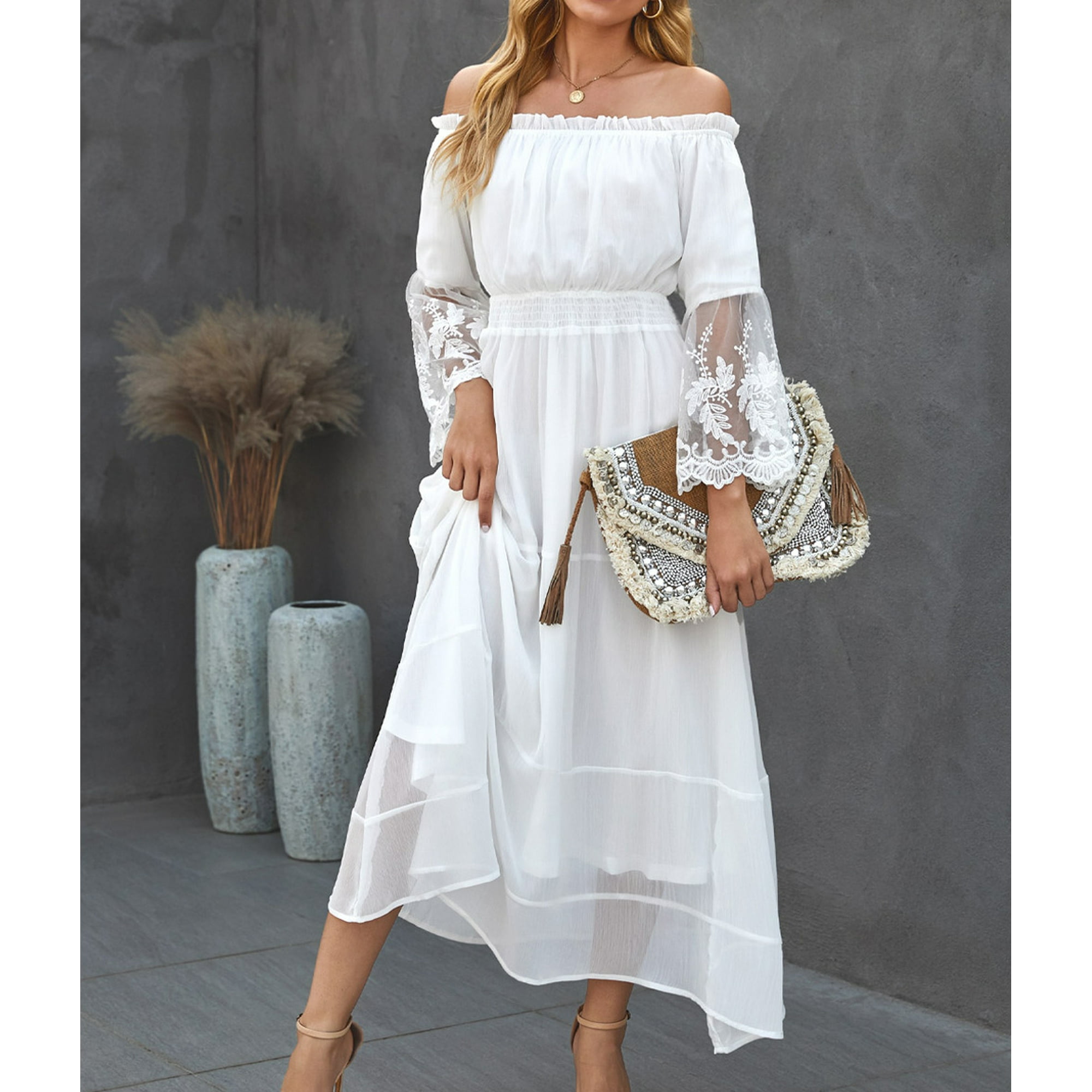 Women's White Off Shoulder Embroidered Flared Sleeve Lace Maxi