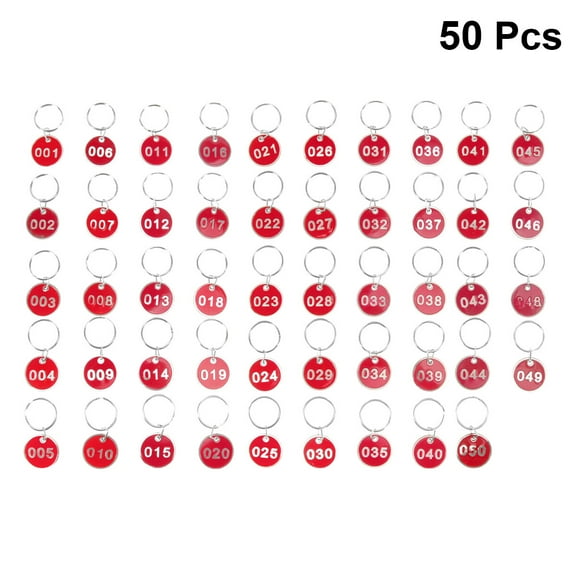 Worgeous 50Pcs Aluminium Alloy Storage Tags Metal Numbers Plates Luggage ID Tags Key Ring Labels(Red, Number 1-50)