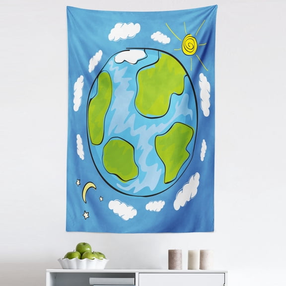 Earth Tapestry, 's Drawing of the Planet Earth Surrounded with Clouds Day and Night Cycle, Fabric Wall Hanging Decor for Bedroom Living Room Dorm, 5 Sizes, Blue Green White, by Ambesonne
