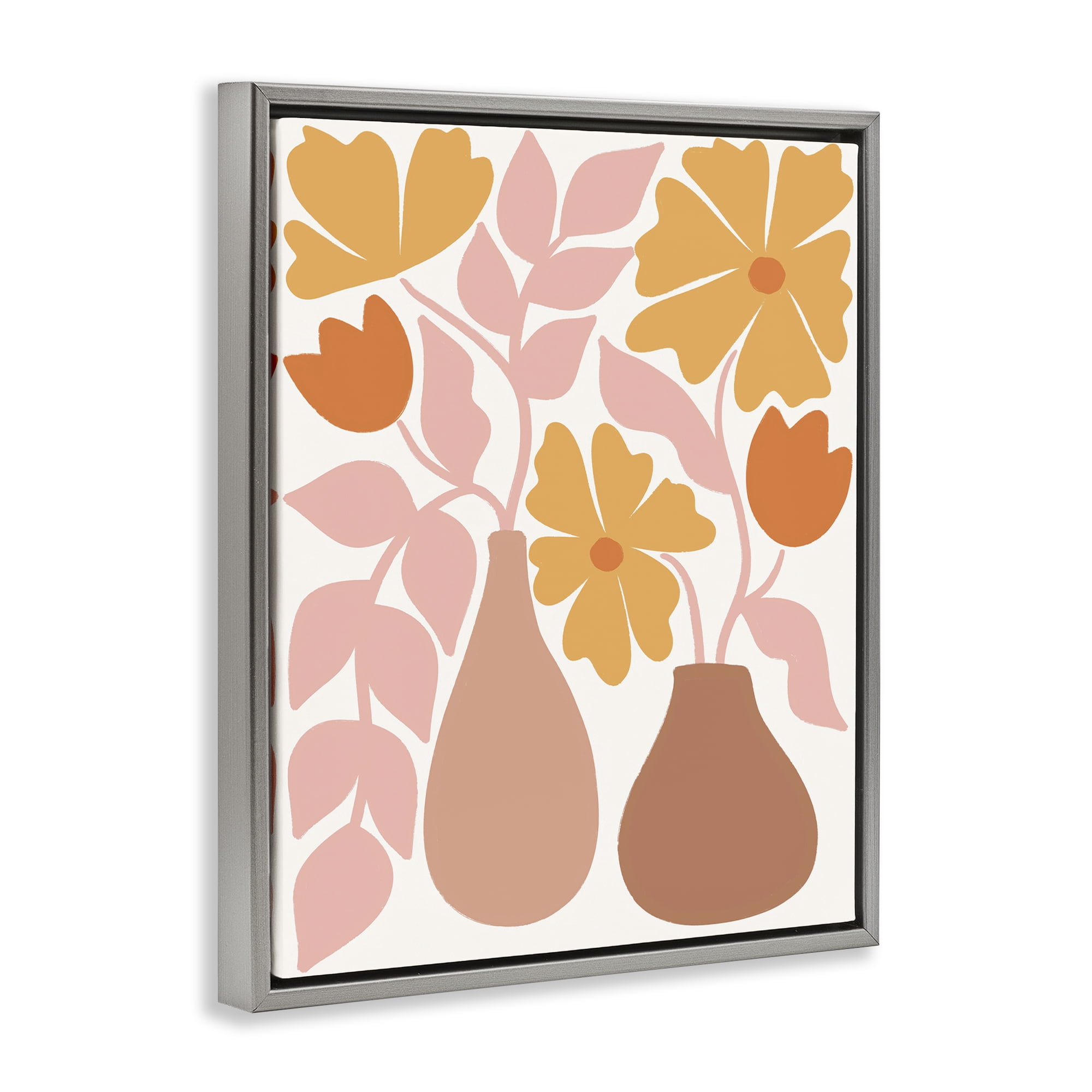 Stupell Industries Funky Flower Vases Plants & Flowers Painting Gray Floater Framed Canvas Art Print Wall Art, 17 x 21