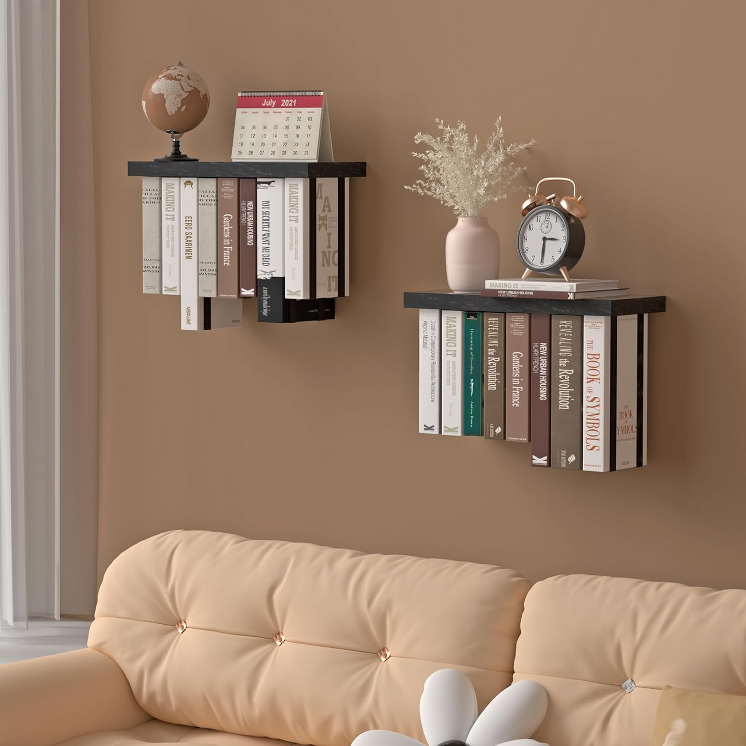 Floating Book Shelves for Wall Mounted Set of 2, Wood Hanging Bookshelf, Book Display Shelf for Wall, Unique Space Saving Book Shelf Wall Book Holder (Black)