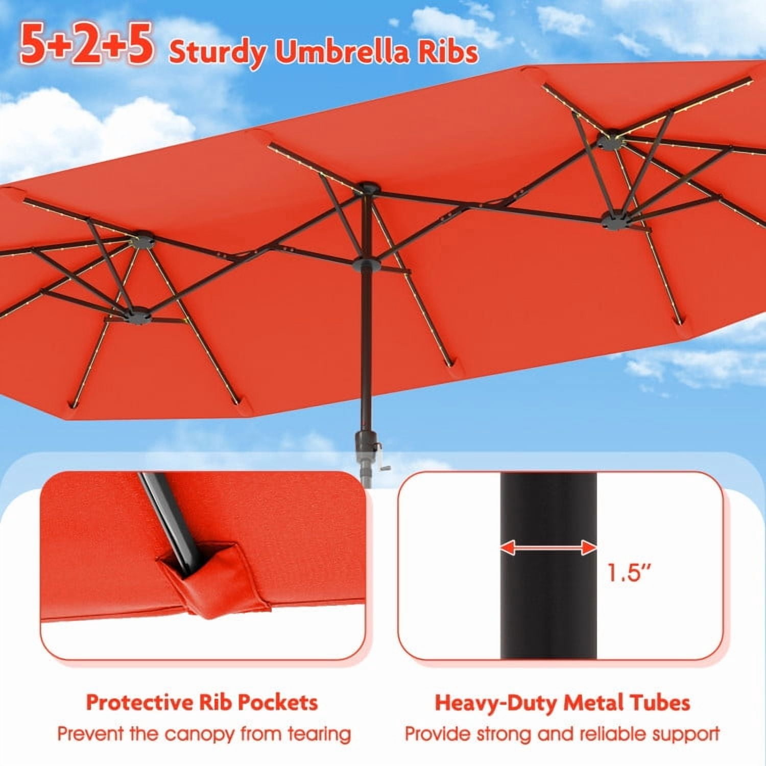 GVN Outdoor Patio Umbrella,Patio Umbrella,13 FT Large Patio Umbrella with LED Solar Lights and Crank Handle-Orange