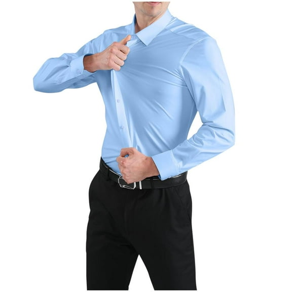VERUGU Mens Dress Shirts Stretch Slim Lapel Long Sleeve Solid Trendy Work Formal Shirt Business Casual Button Down Tops Cardigan Sky Blue M