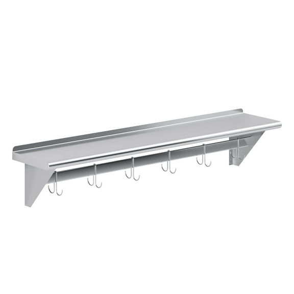 AmGood 12 in. X 60 in. Stainless Steel Wall Mounted Pot Rack with Shelf and 6 Double Sided Chrome Plated Hooks | NSF