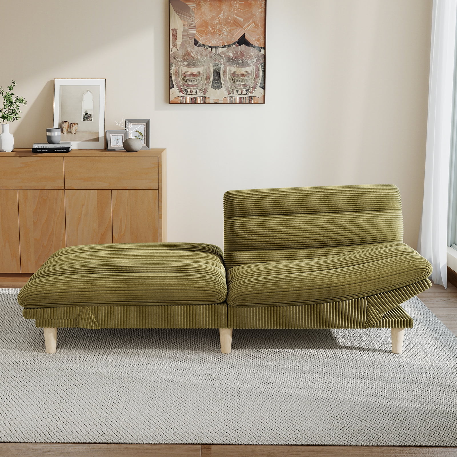 Ebello Convertible Futon Sofa Bed, Fabric with 3-Position Reclining Backrest and Adjustable Armrests for Living Room Apartment Office, Green