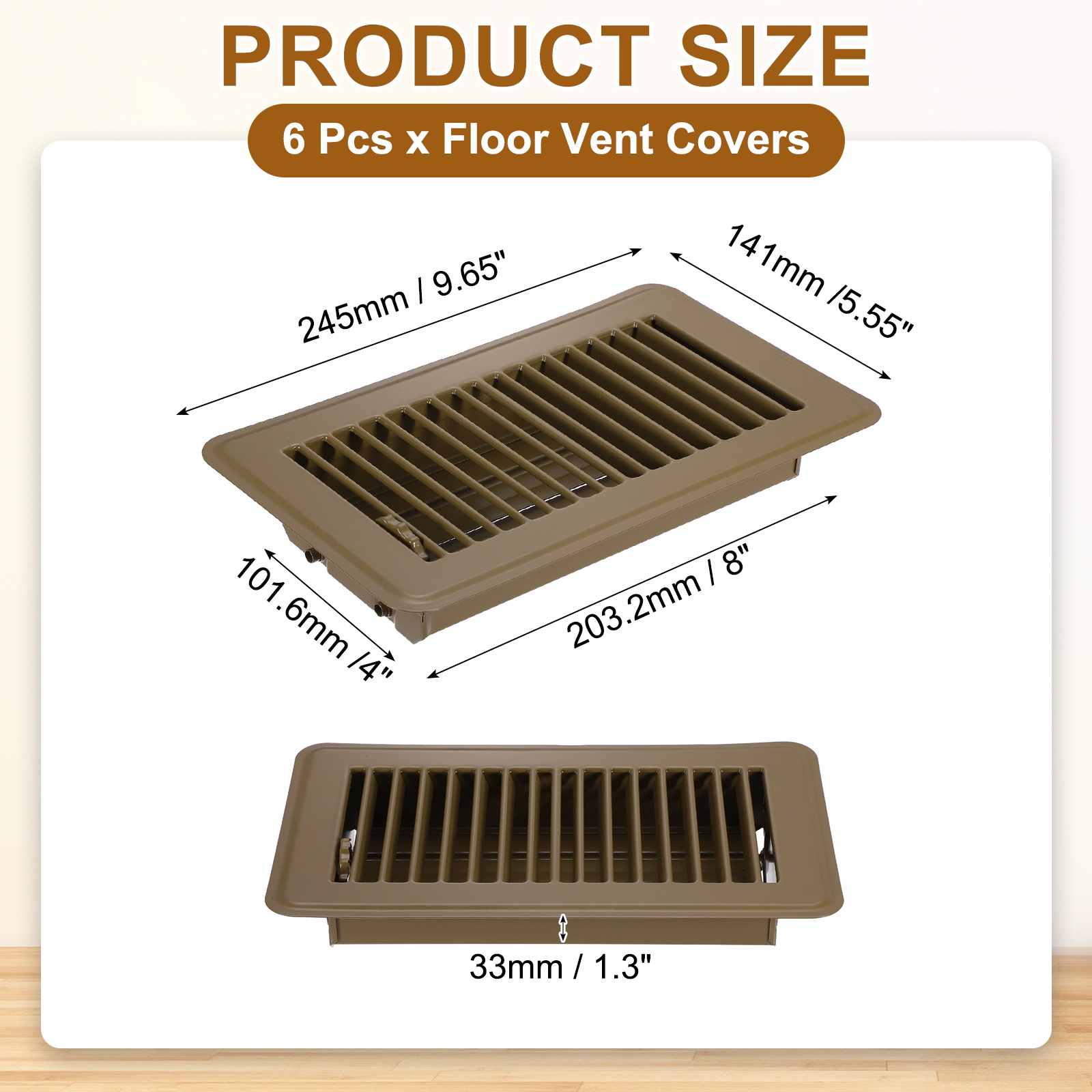 4x8 Inch Floor Vent Covers, Floor Registers Metal Walkable Air Vent Covers Easy Adjustable Air Supply Lever, Brown 6 Pcs