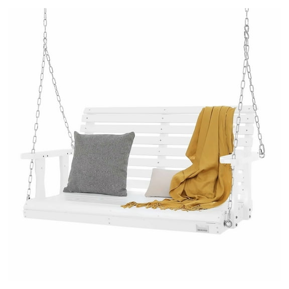 Porch Swing 4ft - Outdoor Patio Bench Swing, 880lbs Capacity, Heavy Duty Swing Chair with Chains, White Wood Swing for Yard & Garden