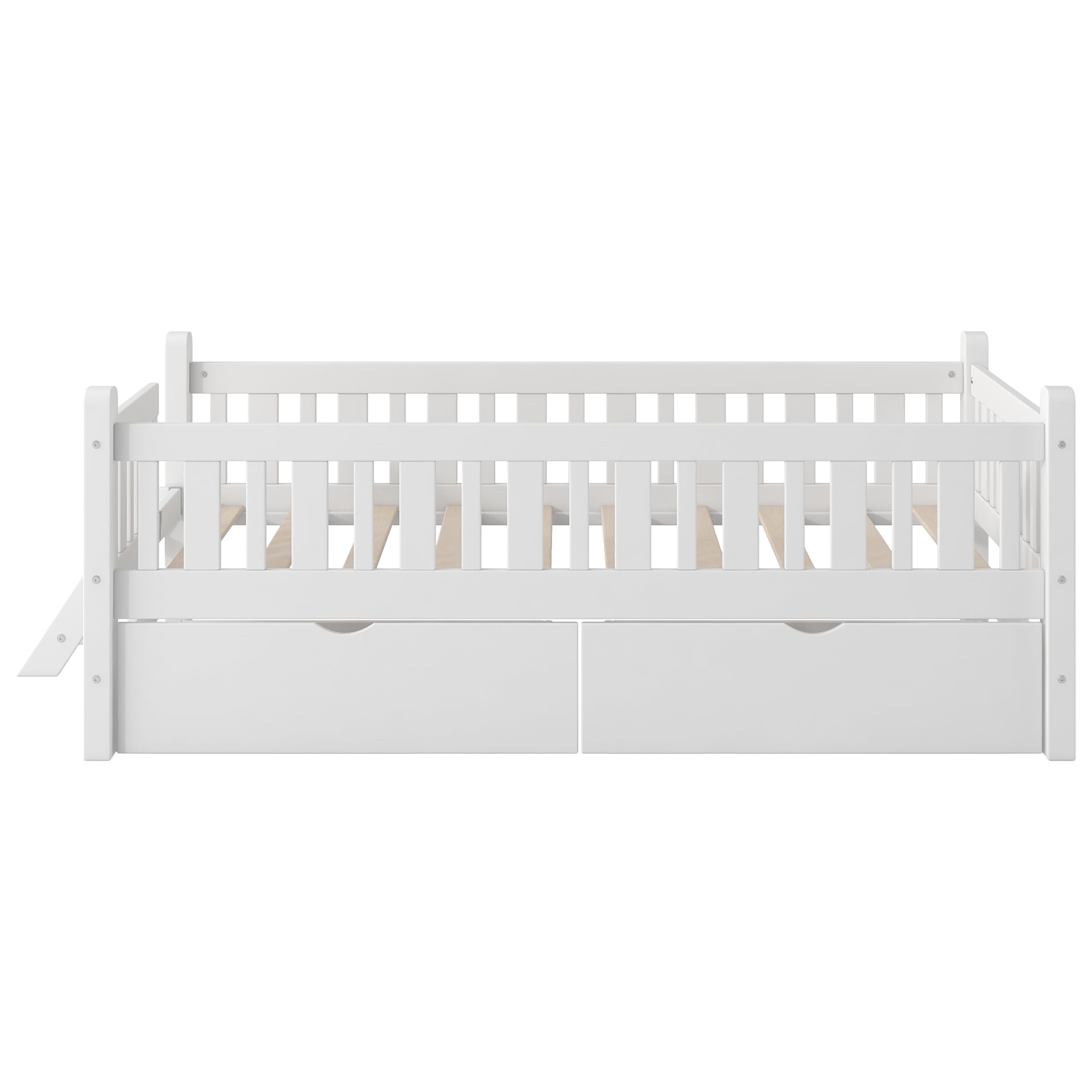 Euroco Wood Twin Size Platform Bed with 2 Drawers and Ladder for Kids and Toddlers, White