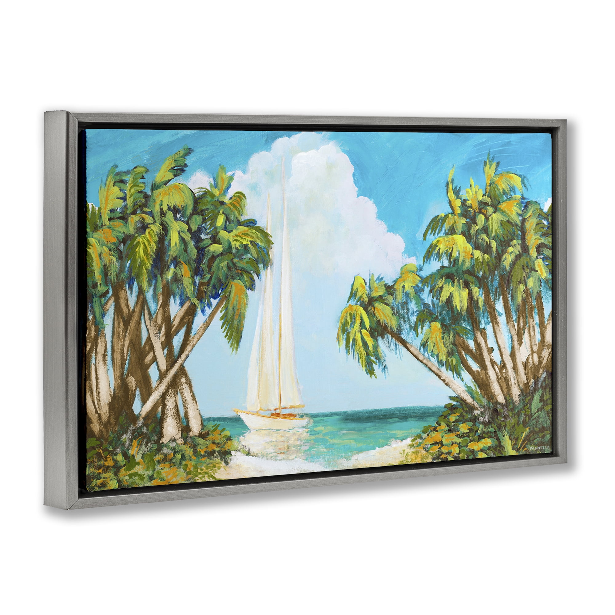 Stupell Industries Sailboat Among Palms Gray Framed Floater Canvas Wall Art, design by Dan Meneely