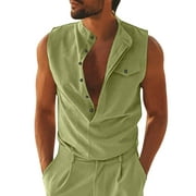 wendunide tank tops men Men Summer Casual Button Down Round Neck Solid Tank Top Shirt With Pocket Mens Tank Tops Green M