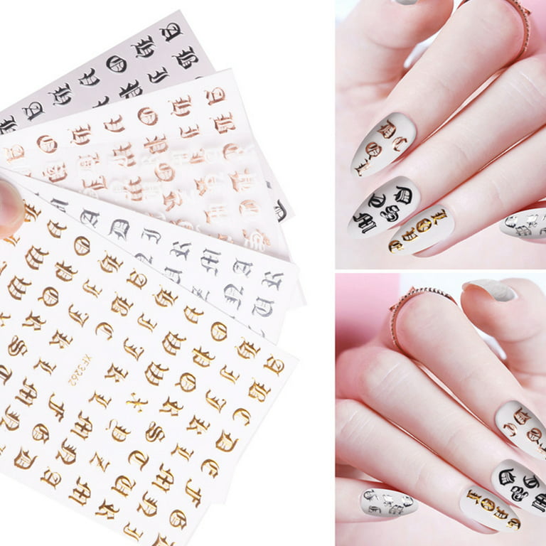 3 Sheets Letter Nail Art Sticker Decals Gold Letters Black Words Character  DIY Nails Adhesive Stickers Decal 3D Nail Decoration