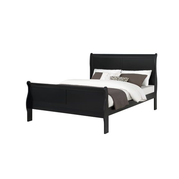 Miekor Furniture Louis Phillipe Black Finish Queen Size Panel Sleigh Bed Solid Wood Wooden Bedroom Furniture B5A9228