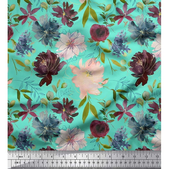 Soimoi Green Cotton Duck Fabric Leaves & Peony Floral Print Decor Fabric Printed By the Yard 44 Inch Wide