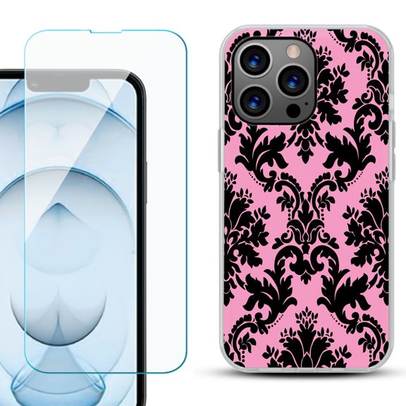 Slim-Fit Gel TPU Phone Case for iPhone 13 Pro Max, with Tempered Glass Screen Protector, by OneToughShield ® - Victorian Pink/Black