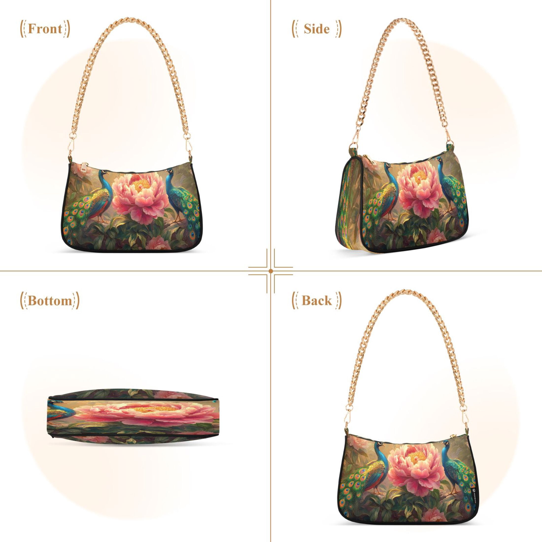 Ryvnso Peacocks Peony Flower Womens Chain Shoulder Bag Tote Handbags Clutch Hobo Purse with Zipper for Travel