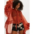 thumbnail image 4 of Women Long Bell Sleeve Frill See Through Sheer Mesh Blouse High Low Hem Ruffled Sexy- Flowy Shawl Shirt Orange Color S, 4 of 6