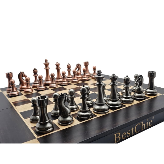 Juego de ajedrez BESTCHIC Retro de metal de 38 cm con tabla de madera y piezas