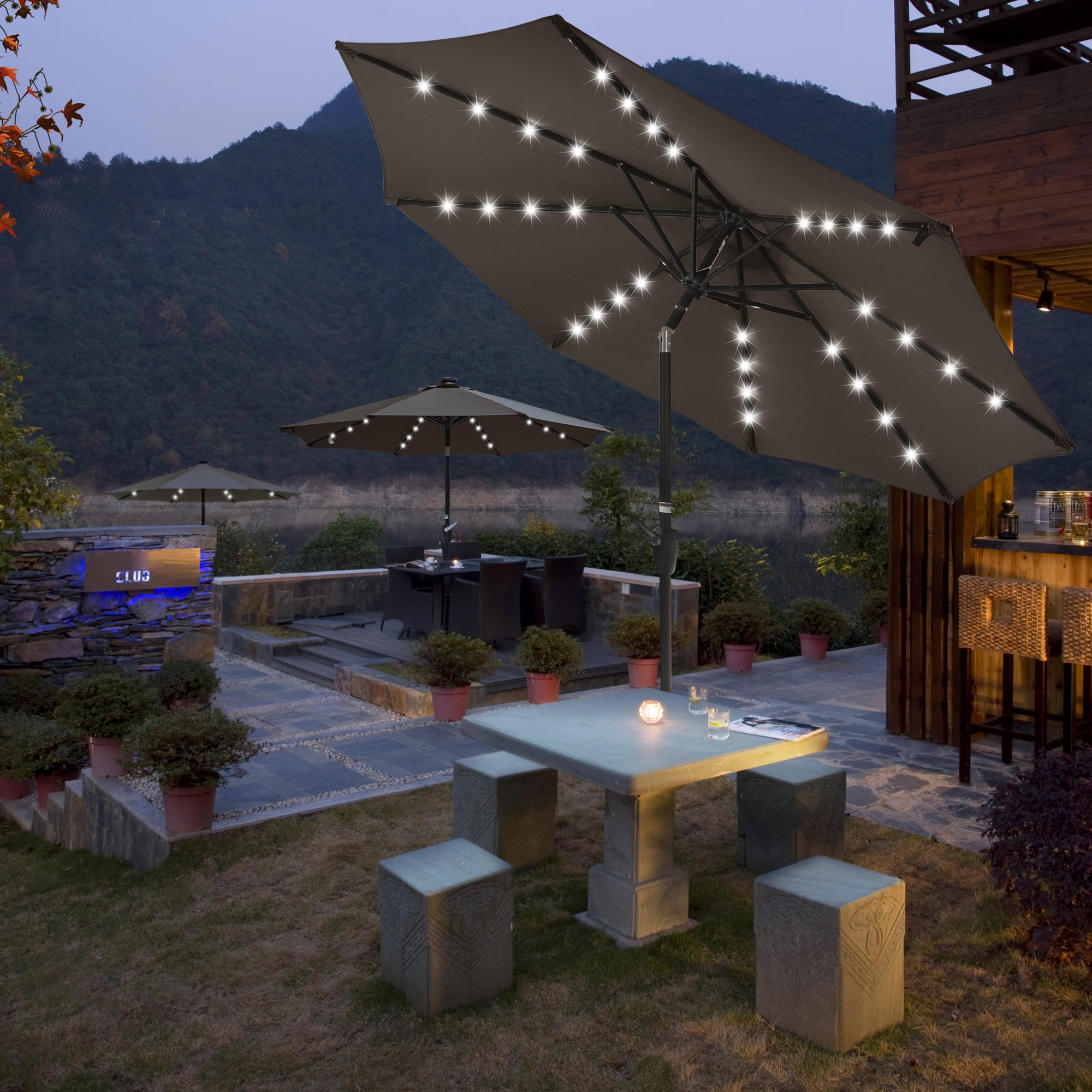 LAGarden 9' Outdoor Solar Powered LED Umbrella 8 Rib 32 Light Patio Garden  Market Umbrella with Tilt Crank UV30+ Beige - Walmart.com