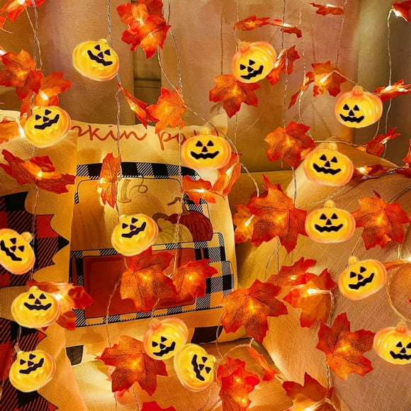 Decoraciones de Halloween, adornos de Halloween, regalos de Halloween, guirnaldas de luces de calabaza, decoraciones de otoño, luces de cadena de hojas de arce realistas más grandes, luces LED de otoñ