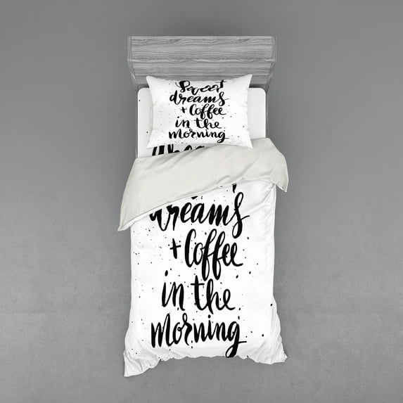 Saying Duvet Cover Set, Dreams and Coffee in the Morning Hand Drawn Text Paint Splashes, Bedding Set with Shams and Fitted Sheet, 3 Sizes, by Ambesonne