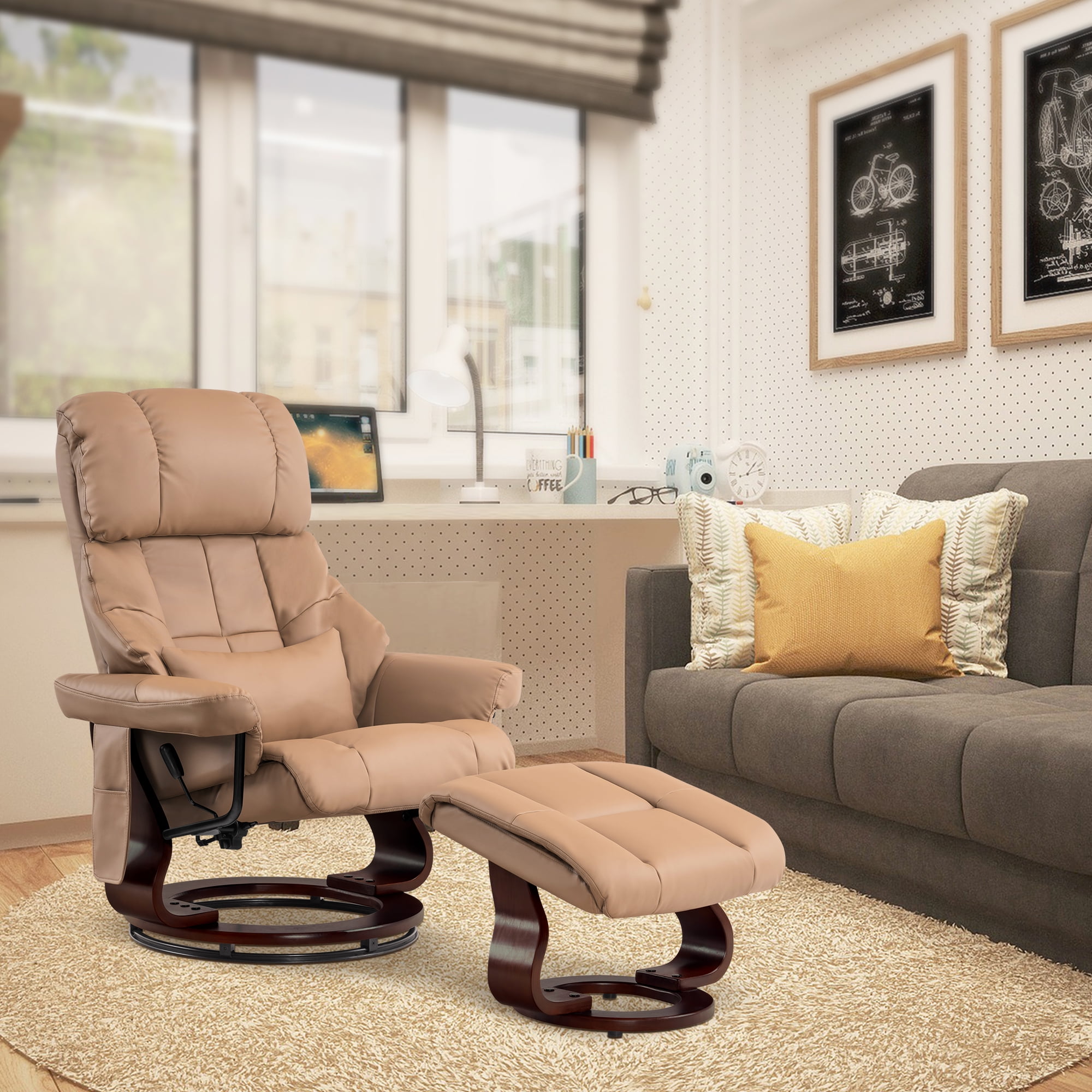 MCombo 360° Swivel Recliner with Ottoman, Lumbar Pillow, Vibration Massage Reclining Chair, Faux Leather(Cognac)