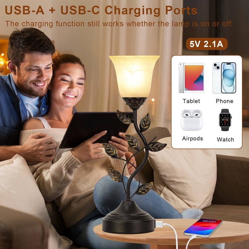 Bedside Lamps Set of 2, 20 Inch Table Lamp for Bedroom Touch Control 3-Way Dimmable Table Lamp for Living Room 2 USB Ports, Torchiere Lamps for Night Stands Metal Leaf Glass Shade, Bulbs Included