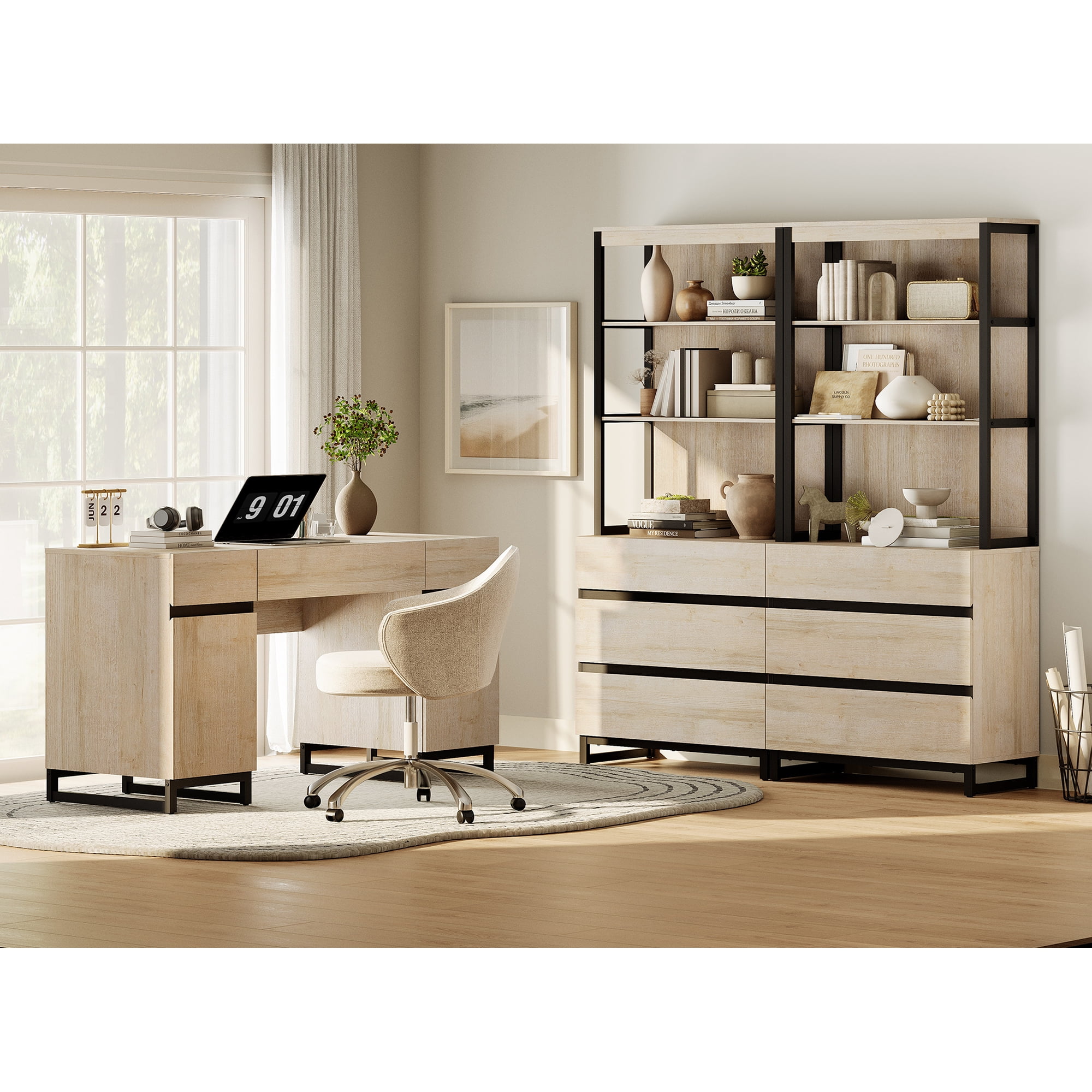 WAMPAT Home Office Furniture Set: 59" Executive Desk with Charging Station and Storage Cabinet, 72" Tall Bookcase with 6 Drawers, Modern Computer Desk and Library Shelf for Work Study, Beige